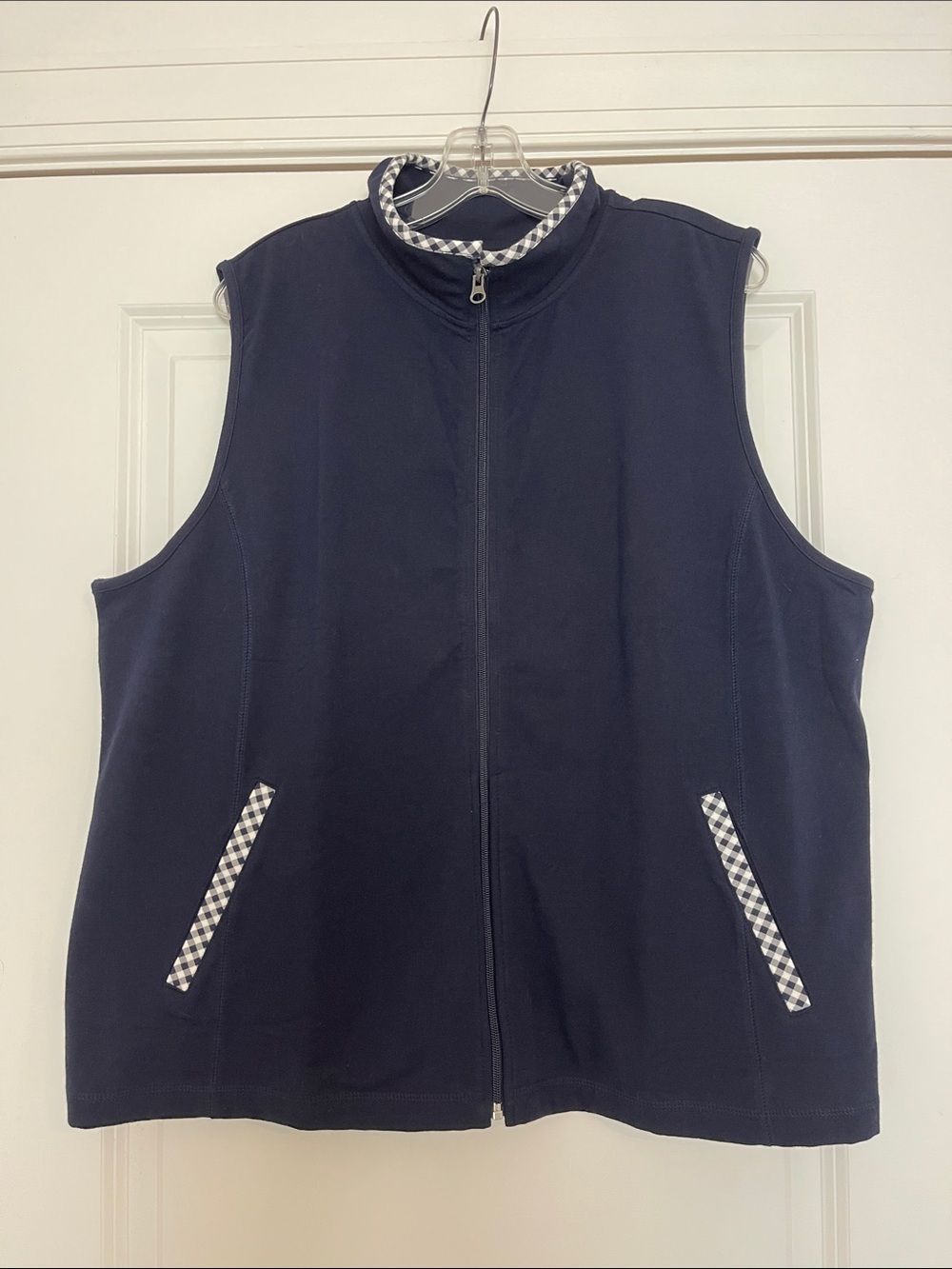 Talbots Gingham Trim Vest 2X Cotton Blend Lightweight Layering Navy